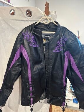 Element Black Leather Jacket with Purple Insets and Embroidery